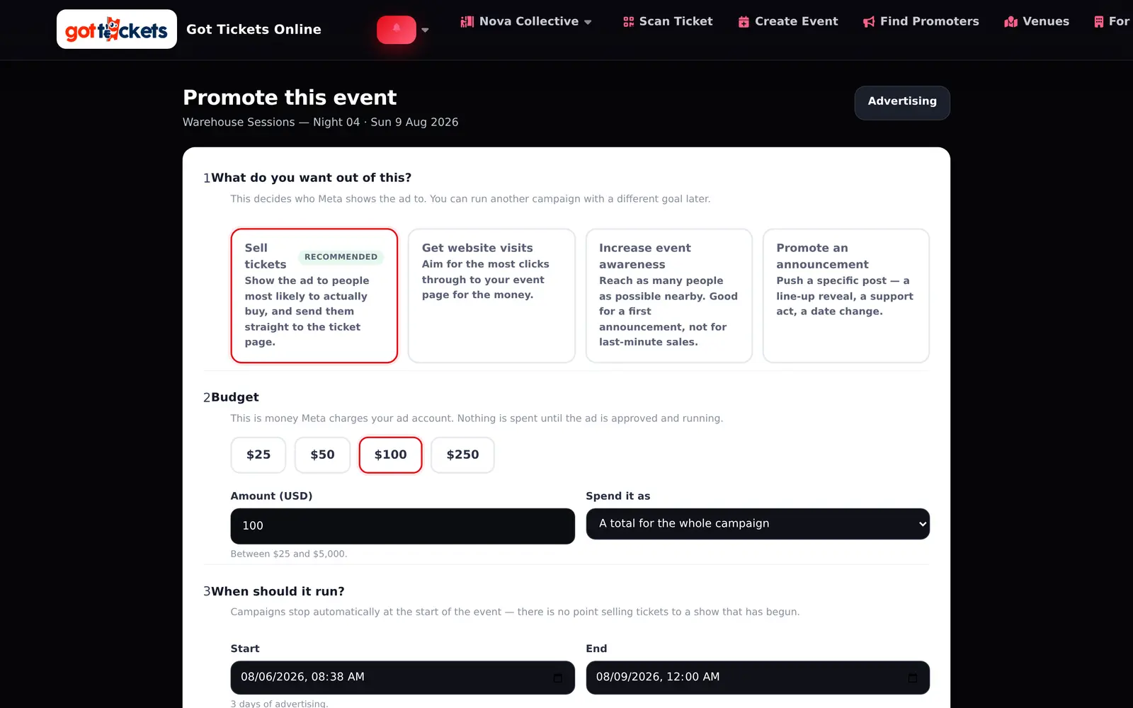 GotTickets Promote this event wizard showing campaign objectives, budget presets and schedule