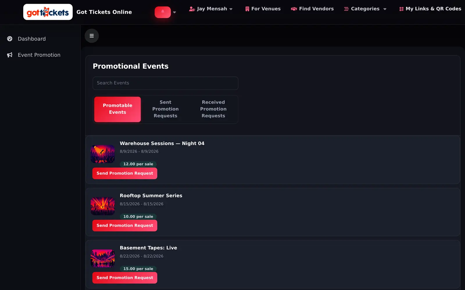 GotTickets promotable events list showing each event with its commission per sale and a request button